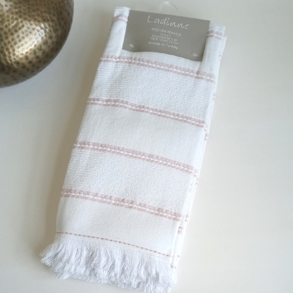 Set Of 3 Laddine White & Light Pink Striped Large Oversized Kitchen Towels